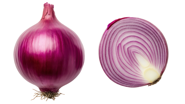 Whole red onion and a half red onion isolated on transparent background
