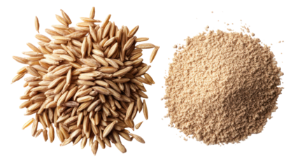 Whole rye grains with rye powder overhead side by side on transparent background