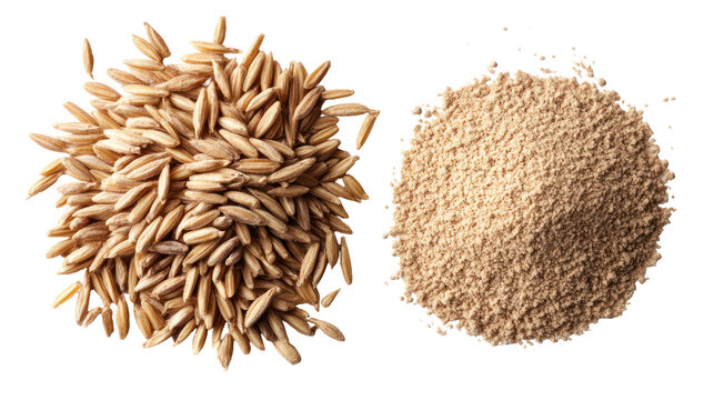 Whole rye grains with rye powder overhead side by side on transparent background