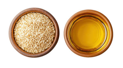 Whole sesame seeds with sesame oil in a bowl overhead side by side on transparent background