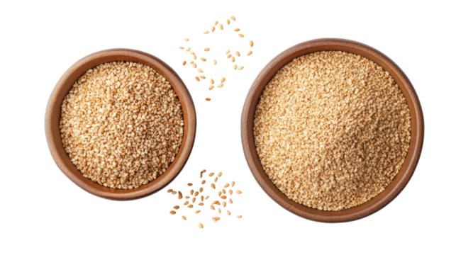 Two bowls of sesame seeds with scattered seeds isolated on transparent background