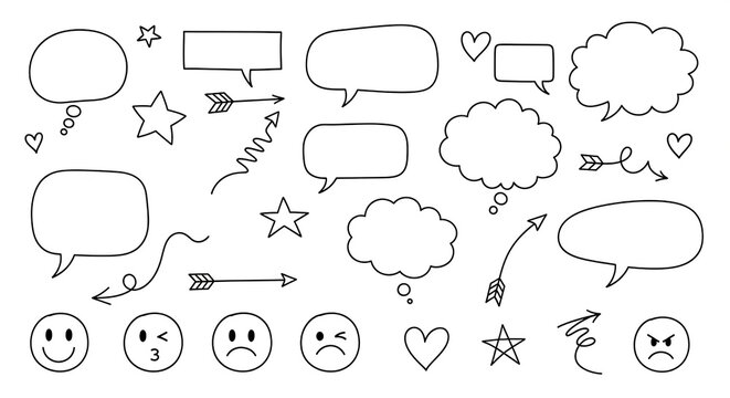 Hand-Drawn Speech Bubbles Arrows Stars Hearts and Emoji Doodle Set

