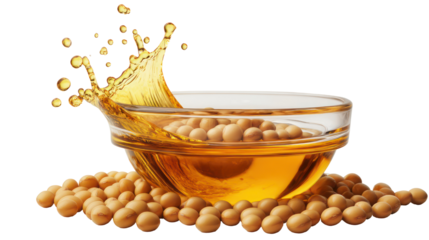 Soybean oil splashing from a bowl surrounded by soybeans isolated on transparent background