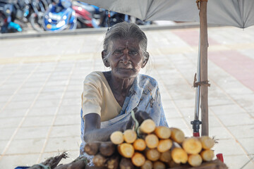 Indian old lady selling palm sprouts