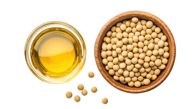 Bowl of soybeans and soybean oil isolated on transparent background