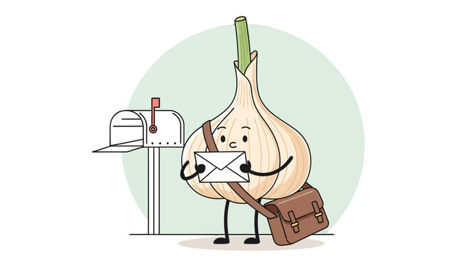 A Cheerful Garlic Character Delivering Mail With A Charming Little Messenger Bag