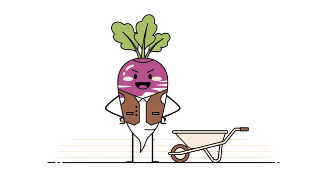 A Cheerful Radish Gardner Posing Next to a Wheelbarrow on a Black Backdrop