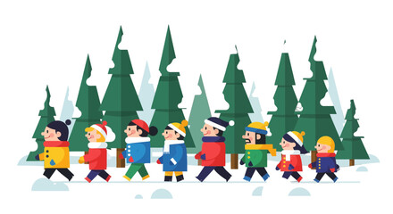 Fototapeta premium A Group Of People Walks Through A Winter Forest, Enjoying A Snowy, Cold Day