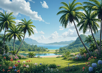 Fototapeta premium Lush tropical valley with palm trees overlooking turquoise lagoon, vacation concept