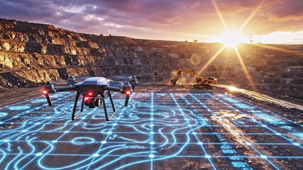Drone surveys mine site with map overlay as excavator operates under a sunset - Powered by Adobe