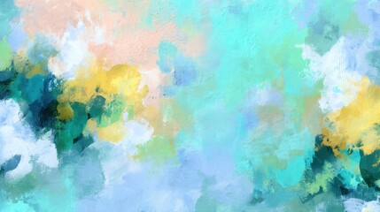 Obraz premium Abstract painting with soft pastel colors featuring blue, green, yellow, and hints of pink creating a serene and dreamy atmosphere suitable for decor