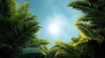 Fototapeta premium Lush Green Tropical Palm Trees Reaching Towards Bright Blue Sky with Sunlight Filtering Through Leaves in a Summer Paradise Setting