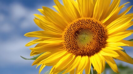 Obraz premium Bright Yellow Sunflower Bloom Under Sunny Blue Sky with Soft White Clouds in Background Capturing the Essence of Summer and Nature's Beauty