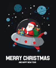 Astronaut Santa Claus Flying a UFO Spaceship with Gifts Past Planets in Space, Merry Christmas and Happy New Year