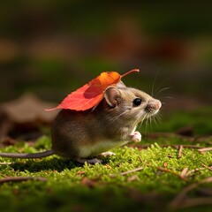 A cute mouse with a vibrant autumn leaf on its head, sitting on green moss in a natural outdoor setting during fall season