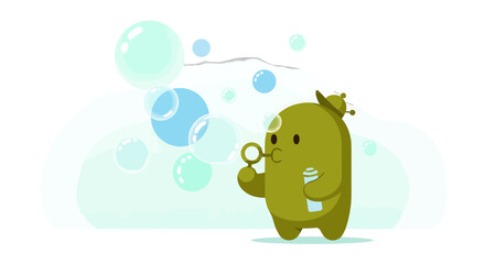 A Whimsical Alien Character Blowing Bubbles Surrounded By Playful Soapy Spheres