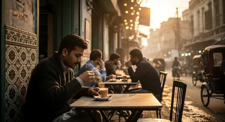 Male Man Drinking Coffee Sitting at Outdoor Caf&eacute; in Warm Sunset Light in Urban Street Scene