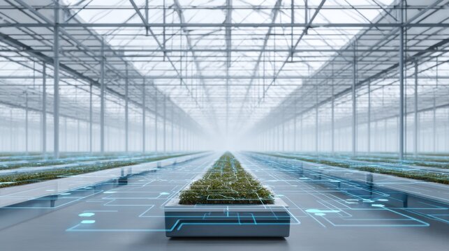 High-Tech Greenhouse with Advanced Digital Overlay for Modern Agriculture and Sustainable Farming Practices Focused on Innovation and Growth - Powered by Adobe