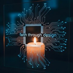 A digital artwork featuring a candle flame surrounded by a circuit board pattern with the words 'faith through design' in the center, symbolizing innovation and spirituality