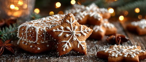 Christmas gingerbread cookies on a wooden background. Decorated with snowflakes and garlands.