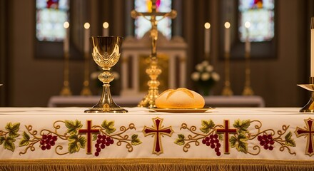 Religious altar with chalice bread and gold cross in church interior for spiritual and worship themes