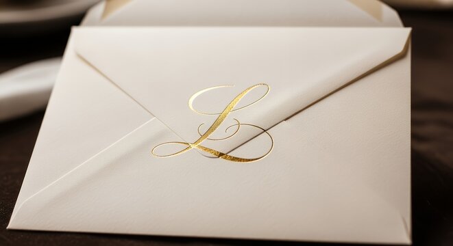 Elegant Cream Envelope with Gold Letter L Monogram on Dark Surface for Wedding or Formal Invitations