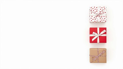 Fototapeta premium Three decorated Christmas gift boxes arranged vertically on a clean white background.
