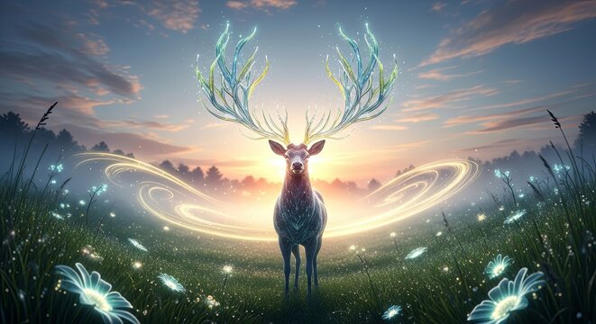 Majestic Deer in Enchanted Meadow at Sunset, Fantasy Art. - Powered by Adobe