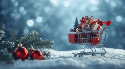 A miniature shopping cart filled with Christmas gifts and trees in a snowy landscape.