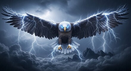 Majestic Eagle Soaring Through a Stormy Sky with Lightning.