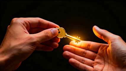 Hands exchanging a golden key with a bright glow against a dark background symbolizing opportunity and access for real estate or financial success and security with a vintage feel
