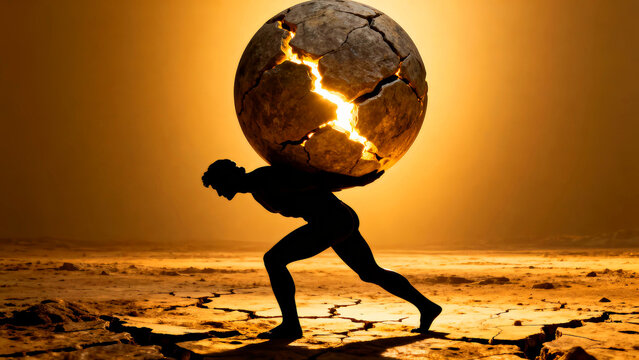 Atlas figure carrying a cracked globe with glowing fissures in a desolate landscape representing burden responsibility and global issues with a warm color palette and dramatic lighting effects