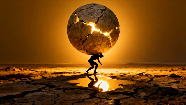 Silhouette of a man carrying a cracked globe on a parched landscape with golden light symbolizing burden responsibility and global challenges in a surreal and dramatic scene