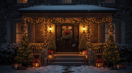 Warmly lit house entrance decorated with Christmas garlands, gifts, and snow.
