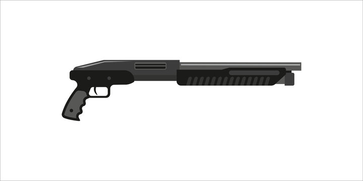 black pump action shotgun with a pistol grip on white background