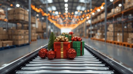 Wrapped Christmas gifts and baubles moving on a warehouse conveyor belt.