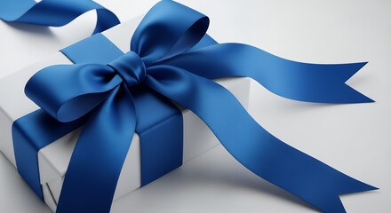 White Gift Box with Large Blue Satin Ribbon Bow and Tail on White Background