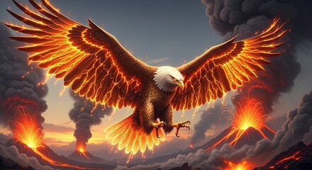 Obraz premium Majestic Eagle Soars Above Fiery Volcano Eruption.