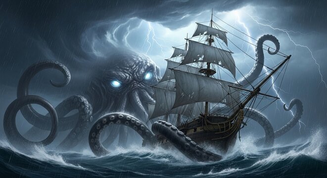 Kraken attacking ship in stormy sea, mythical sea monster illustration.