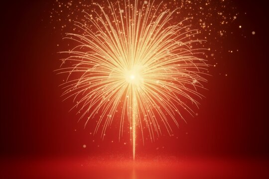 Golden fireworks explode against deep red sky, radiant trails illuminating night with festive brilliance and celebration energy.