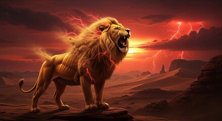 Majestic Lion Roaring in a Dramatic Stormy Sunset.