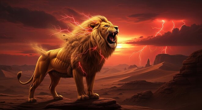 Majestic Lion Roaring in a Dramatic Stormy Sunset.