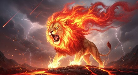 Majestic Lion with Fiery Mane Roaring in a Volcanic Landscape.