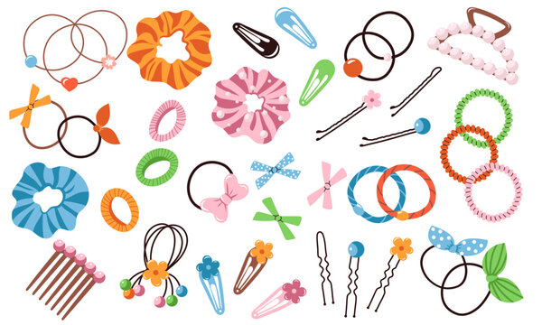 Hair scrunchies accessories set. Hairbands, beauty and fashion set. Hairdressing ribbon, equipment fashionable, rubber, hairdressing pin and clip, bands. Vector illustrations