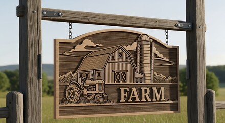 Wooden Farm Sign Hanging on Fence with Barn Tractor Silhouette Rural Landscape