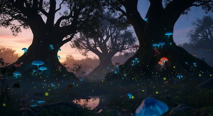 Magical Forest Scene with Glowing Mushrooms and Fireflies at Twilight
