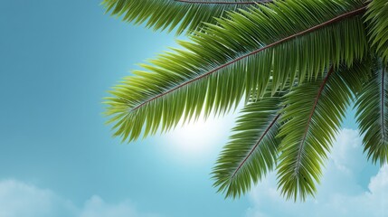 Naklejka premium Lush Green Palm Leaves Reaching Towards Clear Blue Sky with Soft Clouds and Bright Sunlight in Background Creating a Tropical Atmosphere in Nature