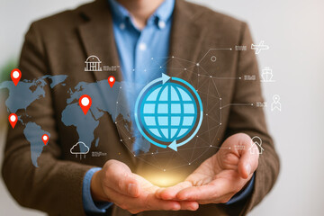 Person holding glowing globe with digital icons representing travel, technology, and connectivity, surrounded by world map and location markers, conveying sense of global interaction