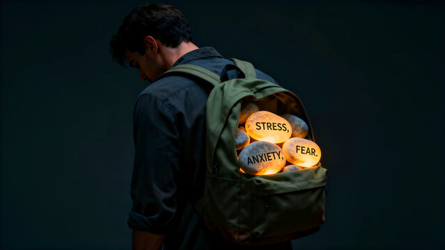 Man carries backpack filled with glowing stones labeled stress anxiety and fear representing mental health burdens and emotional weight on a dark background symbolizing challenges
