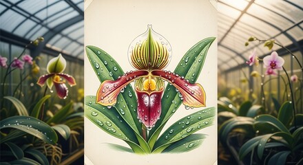 Elegant Orchid Flower Artwork with Water Droplets in Greenhouse Setting